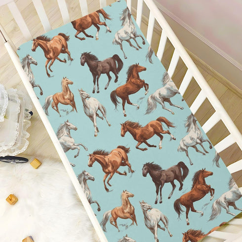 Pigsaly 27x39 Inch Crib Sheets White Horses Blue Baby Sheet for Standard Crib Mattress Boys Girls Toddler Bed Sheets