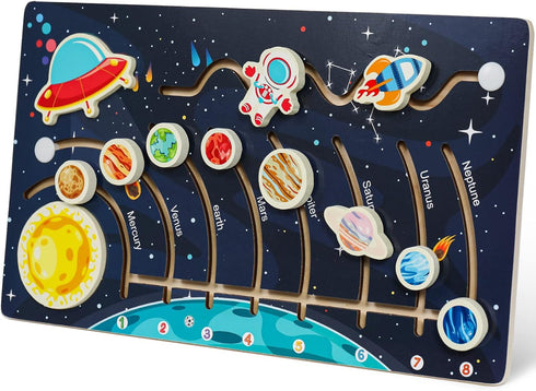 Movable Solar System Puzzle for Kids 3-6 - Wooden Space Toys for Preschool Learning Activities, Gift for Boys, Girls