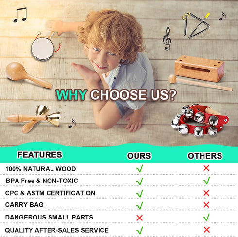 LOOIKOOS Toddler Musical Instruments, Natural Wooden Percussion Toy Set for Kids with Storage Bag
