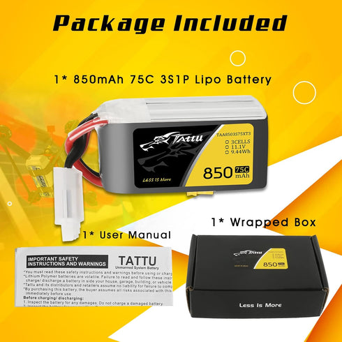 TATTU 11.1V 850mAh 75C 3S LiPo Battery Pack with XT30 Plug for 150 & 180 Size Quadcopters