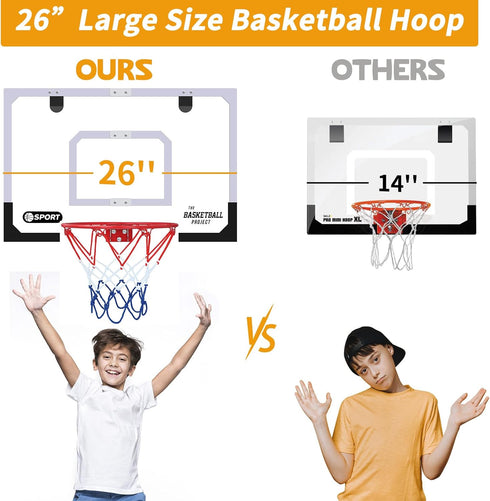 Upgrade Basketball Hoop Set - Extra Large 26" x 17" Pro Indoor Hoop for Door & Wall, Includes 2 Balls and Complete