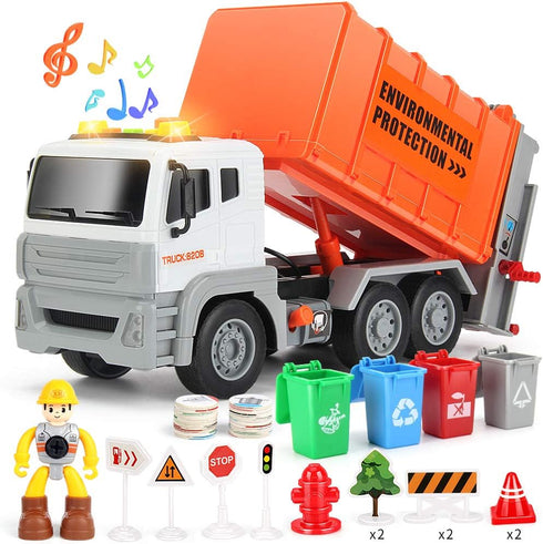 12" Garbage Truck Toys Trash Truck Dump Truck with 4 Garbage Cans,