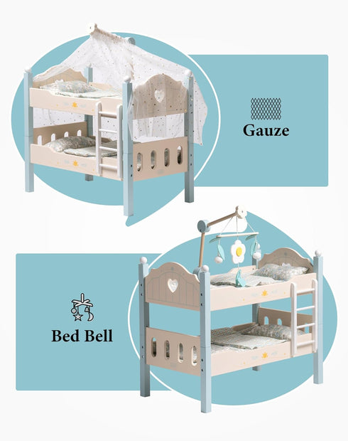 20 Inch WRP10 ROBUD Baby Doll Crib, Wooden Baby Doll Beds for Dolls, Blue Baby Doll Bunk Beds with Tulle, American Girl