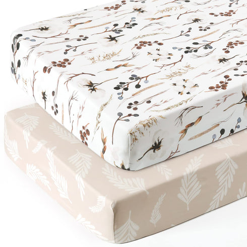 Stretch Ultra Soft Jersey Knit Fitted Crib Sheets Set 2 Pack, Fits All Standard Crib Mattress Pads Safe and Snug, Stylish Pretty Flora for Baby, Beige by GRSSDER