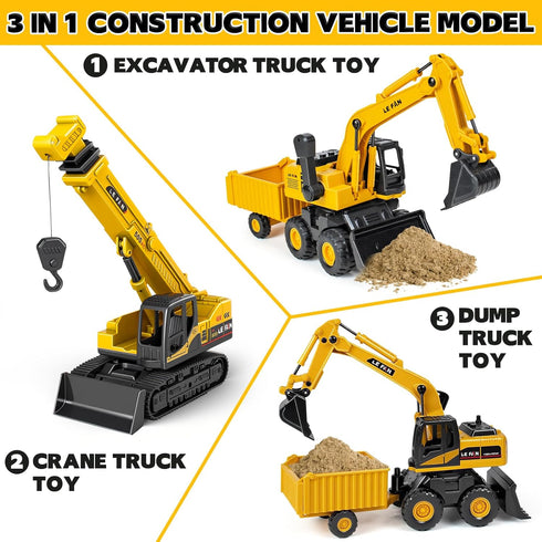 3 1 3-5, Playset Kids Construction Toys for Boys - in Excavator, Crane and Dump Trucks with Road Signs for Toddlers
