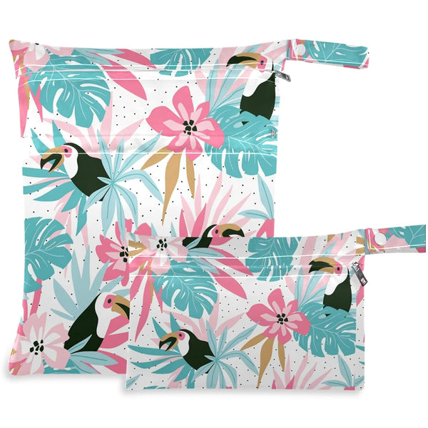 visesunny Tropical Palm Flower Parrot Animal 2Pcs Wet Bag with Zippered Pockets Washable
