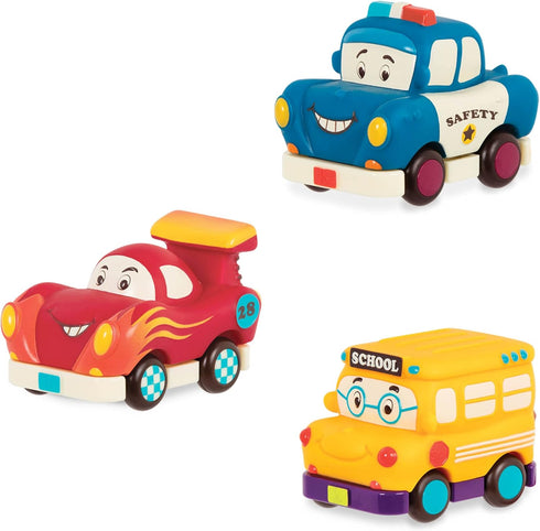 B. toys Mini Wheeee-ls! 3 pc Mini Pull-Back Vehicles Set, Bus & Cars, Multi, Hot Rod, School Bus, Police Car
