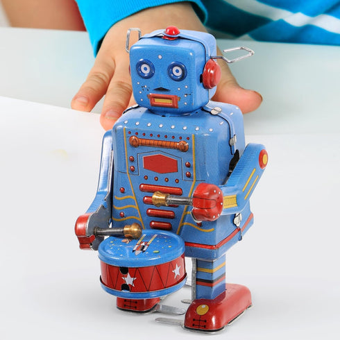Drumming 3.74 Inches, SAFIGLE Wind up Vintage RobotClockwork Robot Tinplate Toy - Retro Wind-up Collectible for Home