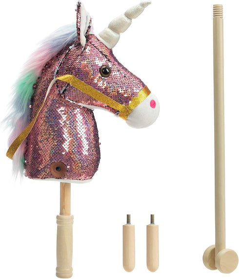 HollyHOME Sequin Unicorn Stick Horse, Handcrafted Hobby Horse with Real Pony Sounds, Plush Toy, Pink 36 Inches