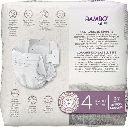 4 (15-31 Lbs), 27 Count Bambo Nature Premium Eco-Friendly Baby Diapers, Size