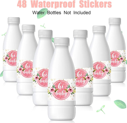 Zonon 48 Pieces Pink Baby Shower Water Bottle Labels, Floral Baby Shower Decorations Waterproof Stickers