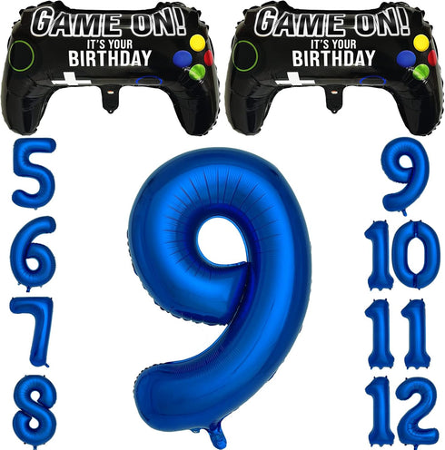 Navy Blue Video Game Party Supplies - 2 Packs Game On Balloons with Dark Blue Number 9 Balloon for 9th Birthday
