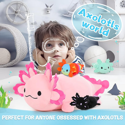 Big Axolotl Plush 24 Inch, Long Stuffed Animal with 3 Baby Axolotl Plushies, 4Pcs Pillow Gifts for Kids