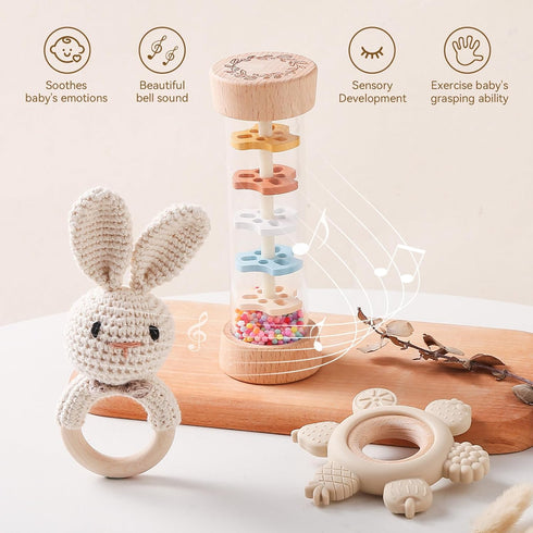 Set (3pcs) Set 3-6-12 Youuys Wooden Baby Rattle - Crochet Rattle Rain Stick Teething Toys, Wooden Montessori Toy