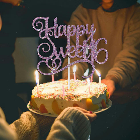 Happy Sweet 16 Cake Topper - Sweet 16 Birthday Decorations for Girls/Boys in Purple Glitter