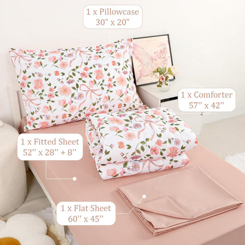 Set 4 Set TANOFAR Floral Toddler Bedding for Girls, Pieces Soft Microfiber Crib Bed Including Reversible Comforter