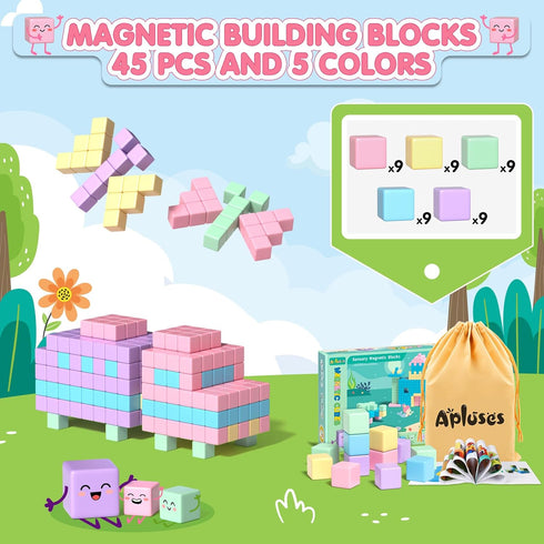 45PCS Magnetic Blocks, Toddler Girl Toys, Magnet Building Blocks, STEM Sensory Outdoor Toys for 3-5 Year Old Boys &