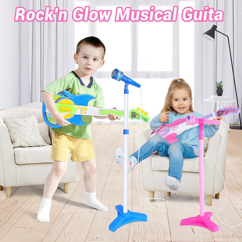 Set Set, deAO Kids Guitar and Microphone Play with Stand for Girls, Musical Guitar Play Adjustable Height Guitar Toys
