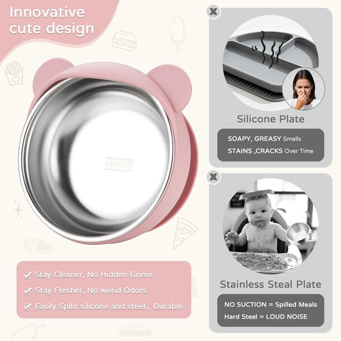 Bathchef Set Set Safe,6pcs,Pink Toddler Plates and Bowls Stainless Steel - Baby Feeding Strong Suction, BPA Free