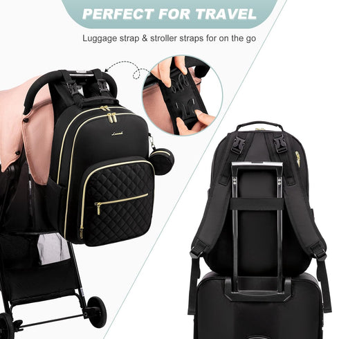 Backpack, Lozenge-Black LOVEVOOK Diaper Bag Quilted Baby Bag with Changing Pad & Pacifier Holder, Waterproof Travel