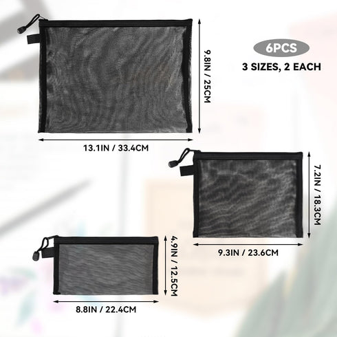 yuntop 6 (A4 2, A5 2, A6 2) PCS Mesh Pouch, Black Nylon Mesh Cosmetic Zipper Bags for Home Office Purse Diaper Bag x x