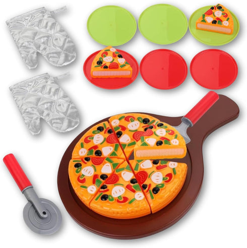 15-Piece Pizza Party Play Set for Kids - Realistic Pretend Play Food Kit for Slice and Serve Kitchen Cooking