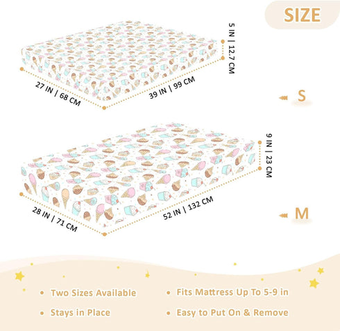 Jynexis White-3 52x28 Ice Cream Print Baby Crib Sheets, Cotton Fitted Crib Sheet, Soft Breathable, Fits Standard