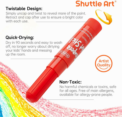 32 Shuttle Art Tempera Paint Sticks, Colors Solid Tempera Paint for Kids, Super Quick Drying, No-Toxic, Works Great on