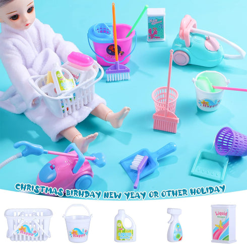 22 Pieces Miniature Bucket Doll Housework Cleaning Supplies - Dollhouse Accessories for Pretend Play