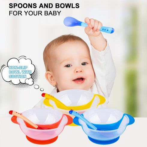 Berry President Baby Bowls with Suction Base, Spill-Proof Lid, Temperature-Sensing Spoon, Pack of 3 for Toddlers