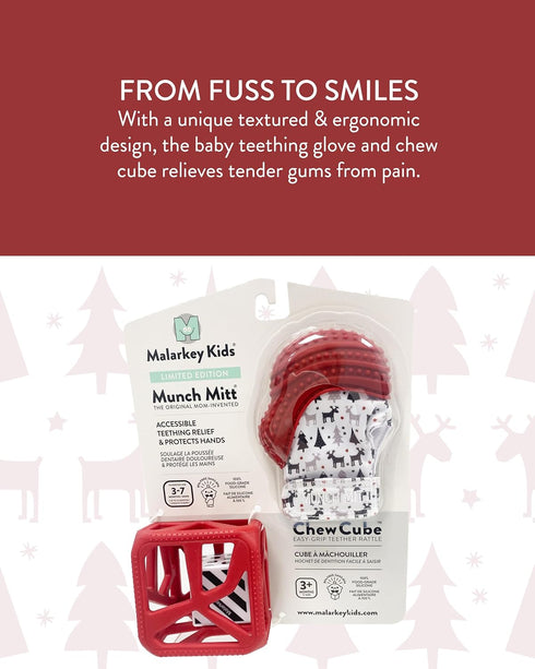 Pack: Malarkey Kids Holiday Gift Munch Mitt and Chew Cube Duo - Perfect Teething Treats for Babies and Toddlers - Red