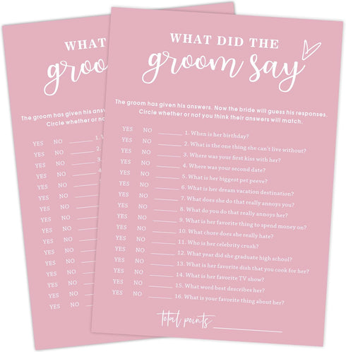 Pink Theme Bridal Shower Games for 25 Guests, What did the Groom Say, Wedding Advice Cards -B12