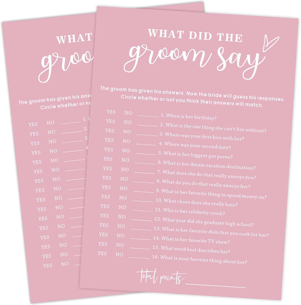 Pink Theme Bridal Shower Games for 25 Guests, What did the Groom Say, Wedding Advice Cards -B12