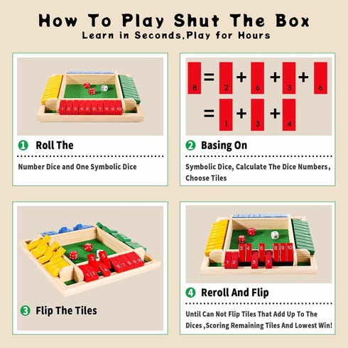 Elanbells 12 Inch 2-4 Shut The Box Dice Game Upgraded Player Wooden Dice Game Math Addition Games Close The Box Family