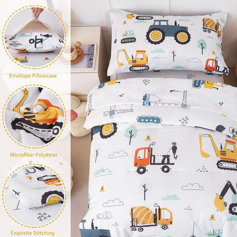 Set, 4 Sets Set PERFEMET Car Printed Toddler Comforter Pieces Toddler Bedding for Boys, Reversible Tractors Pattern