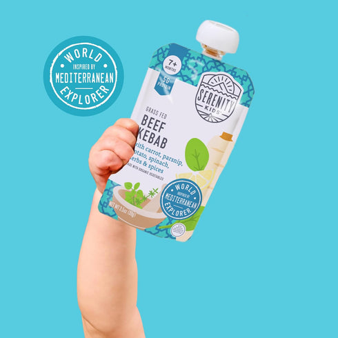 7+ 3.5 Oz, Pack 12-5g Serenity Kids Months World Explorers Baby Food Pouch - Beef Kebab, of Protein Snack - No Added