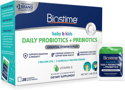 Biostime Infant Baby Probiotic & Prebiotic with Vitamin D - Kids Immune Support, 28 Packets for Constipation Relief