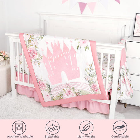 4-Piece Set Set TANOFAR Crib Bedding for Baby Girls, Floral Castle Nursery Bedding Includes Comforter, Fitted Crib