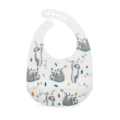 Nuby 2 Pack Adjustable Easy Clean Soft Silicone Bibs with Scoop, Sloth & Leaves