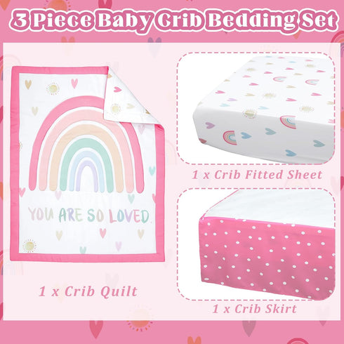 Hahafelt 3 Set Set Piece Rainbow Boho Crib Bedding for Girls Inspirational Quote Pink Baby Crib Bedding Standard Size