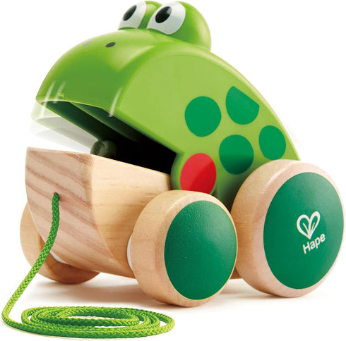 Frog Pull-Along by Hape | Wooden Frog Fly Eating Pull Toddler Toy, 4.6 x 3.3 x 3.8 inches, Green