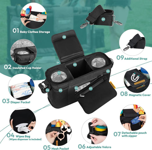W2&X2, 2 Parent Console Fits for Wonderfold Wagon Stroller Organizer with Insulated Cup Holders, Multiple Storage