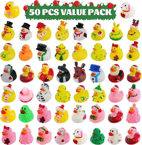 50Pcs Christmas Rubber Ducks for Boys, Girls, Kids and Toddlers,Christmas Ducks for Jeeps Ducking, Xmas Themed Duck
