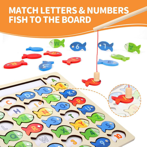 Wooden Magnetic Fishing Game for Toddlers - Montessori Fine Motor Skills Toy with Letters and Numbers