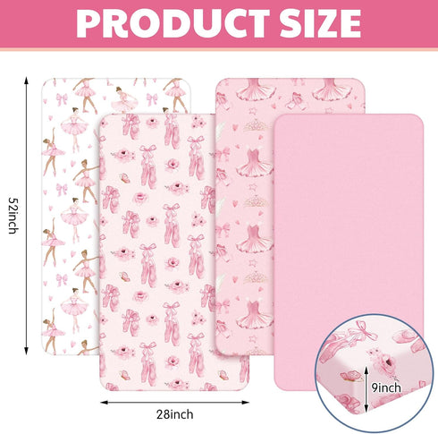 VitalCozy 4 Set 52 28 8 Inches Pcs Pink Bow Ballerina Crib Sheet Newborn Bedding Nursery Baby Sheets for Girl Boys Baby