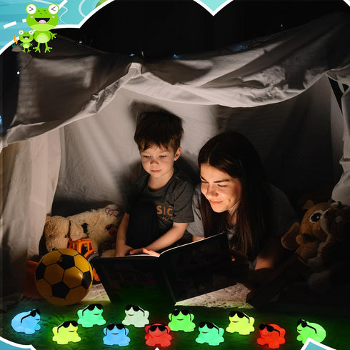 24 Pack Halloscume Glow in The Dark Rubber Frog Toys for Kids, Floating Squeaky Bath Toys Bulk, Cute Mini Rubber Frogs