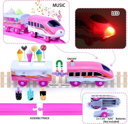 Sets 3D 3-5 Pink Train for Toddlers|Musical Electric Train Toys with DIY Ice Cream Truck Foam Puzzles Party Scene