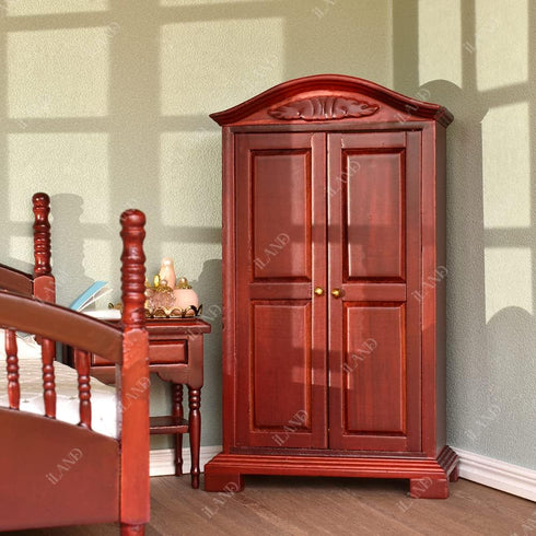 iLAND Vintage Dollhouse Furniture Set, 1/12 Scale Mahogany Bedroom Furniture, 7pcs Including Bed & Mirror