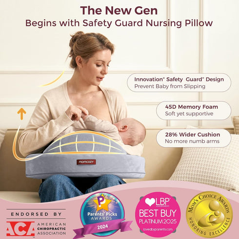Momcozy Innovative Safety Guard Nursing Pillow - Firm & Springy Memory Foam - Stable, Ergonomic Support & Comfort