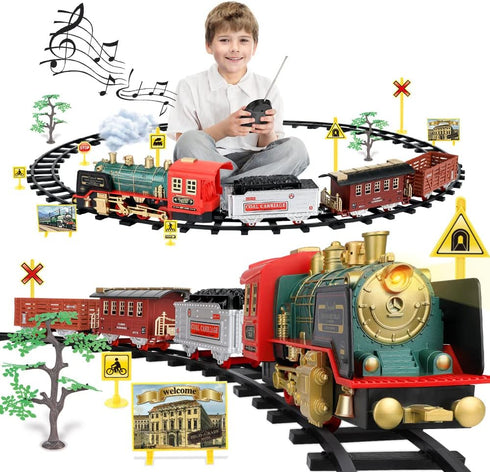 Mini Tudou Christmas Electric Train Set w/Steam, Sound & Light, Remote Control Train Toys with Steam Locomotive Engine,